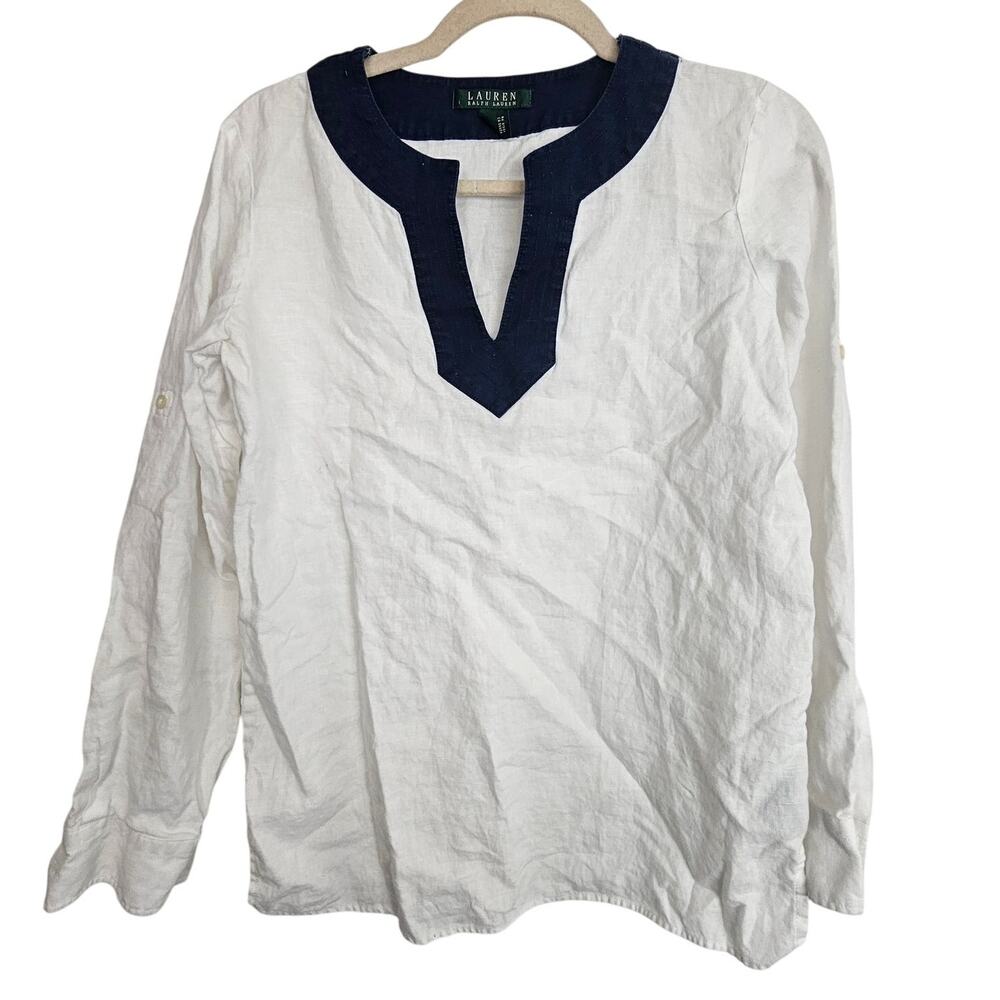 Lauren Ralph Lauren Women Linen Tunic S Lagenlook Coastal Grandma Resort Classic